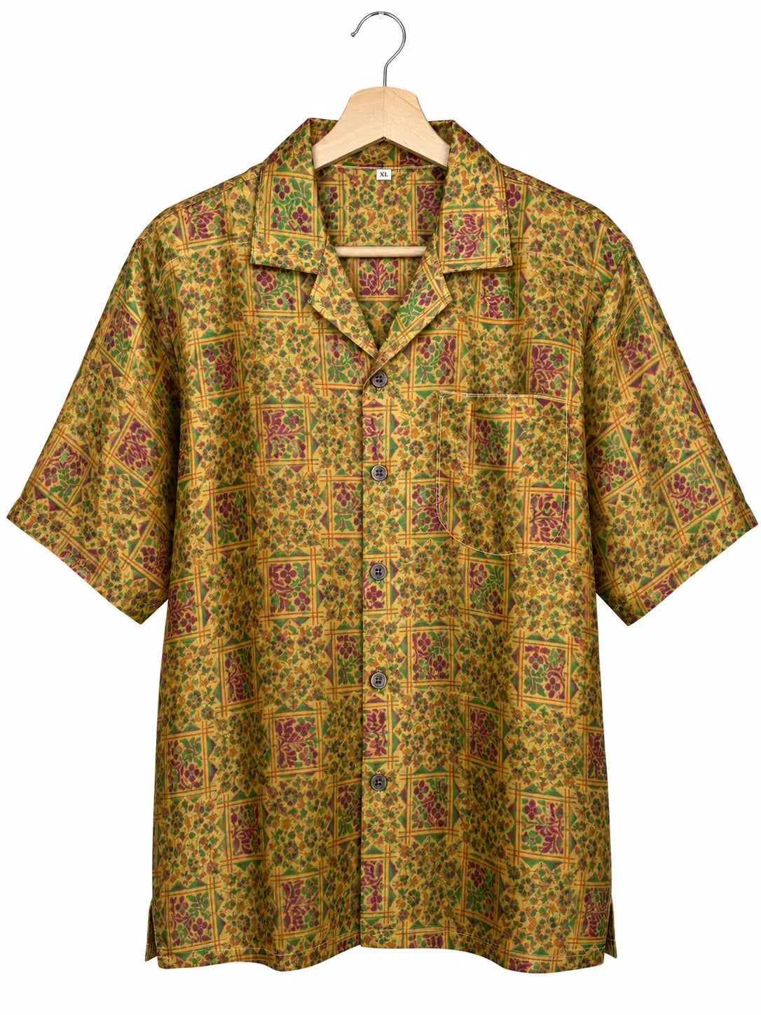 Camicia in Seta Sari Ocra Griglia e Paisley Dorati Unisex - Taglia XL