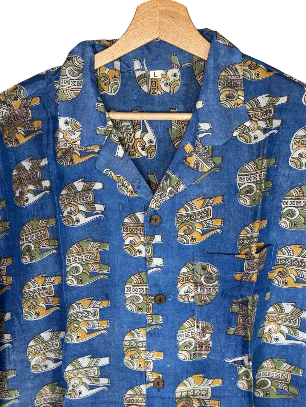 Camicia Etnica Sari Block Print Blu Elefanti Kalamkari - Taglia L CAMICIE PARTICOLARI