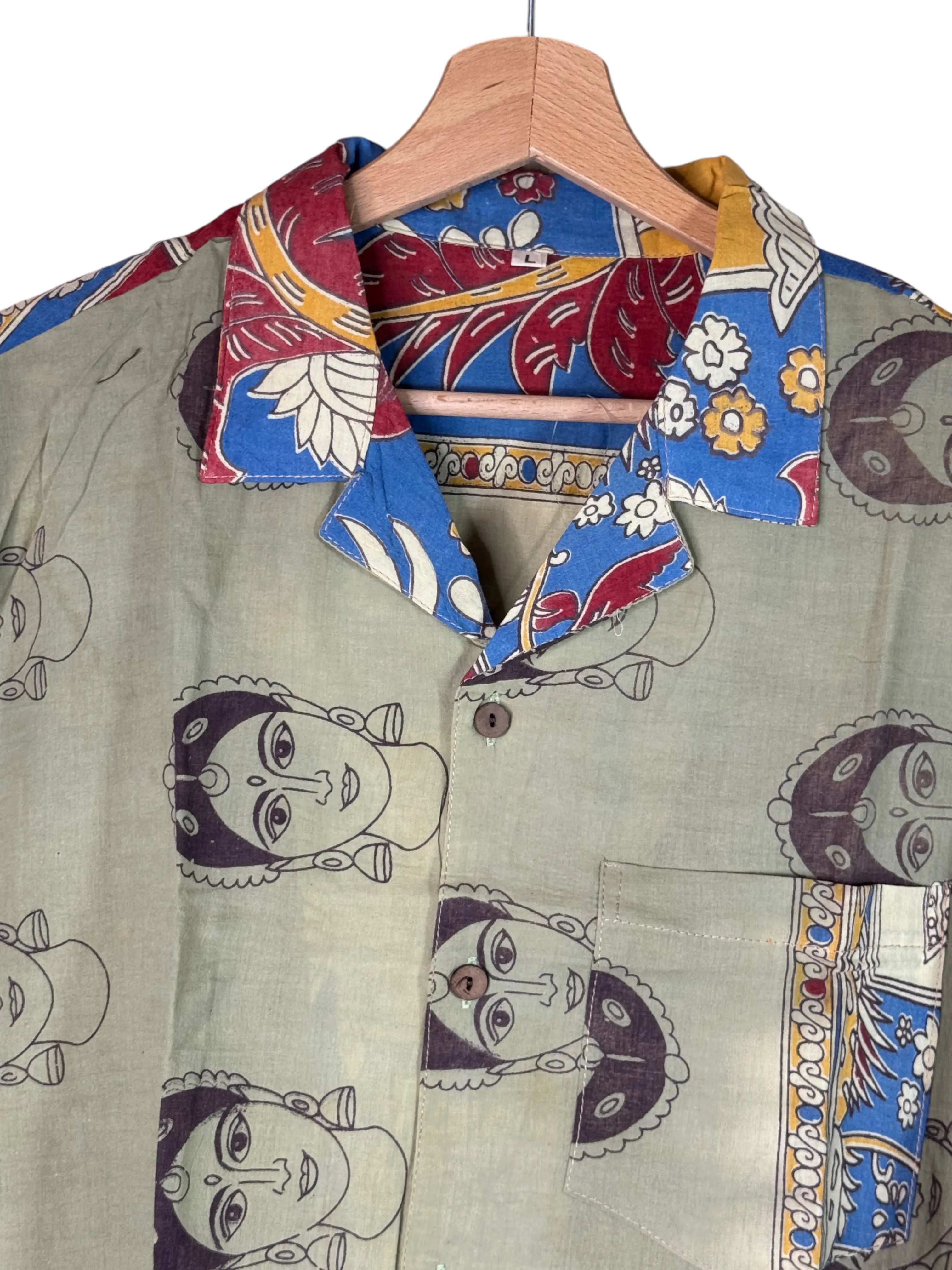 Camicia Sari Block Print Volti Devi Verde Salvia Unisex - Taglia L CAMICIE PARTICOLARI