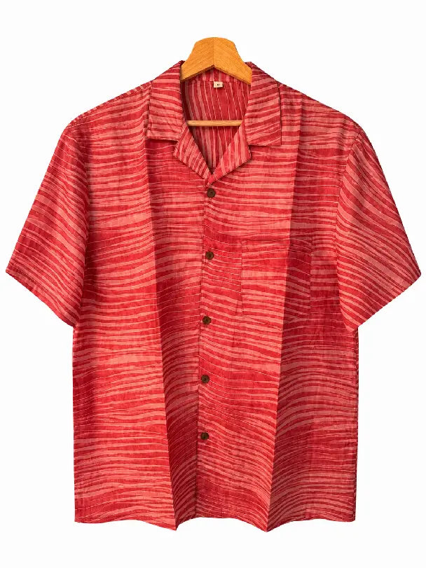 Camicia in Seta Sari Righe Rosse Tonali Unisex - Taglia M