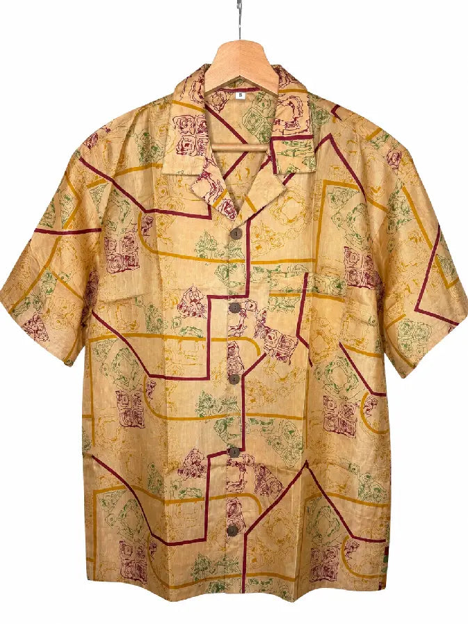 Camicia in Seta Sari Tribale Geometrico Ocra e Bordeaux - Taglia S