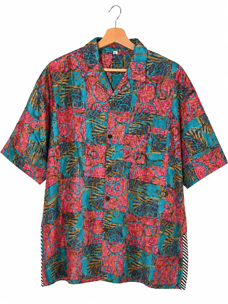 Camicia in Seta Sari Batik Turchese e Fucsia con Righe Unisex - Taglia XL