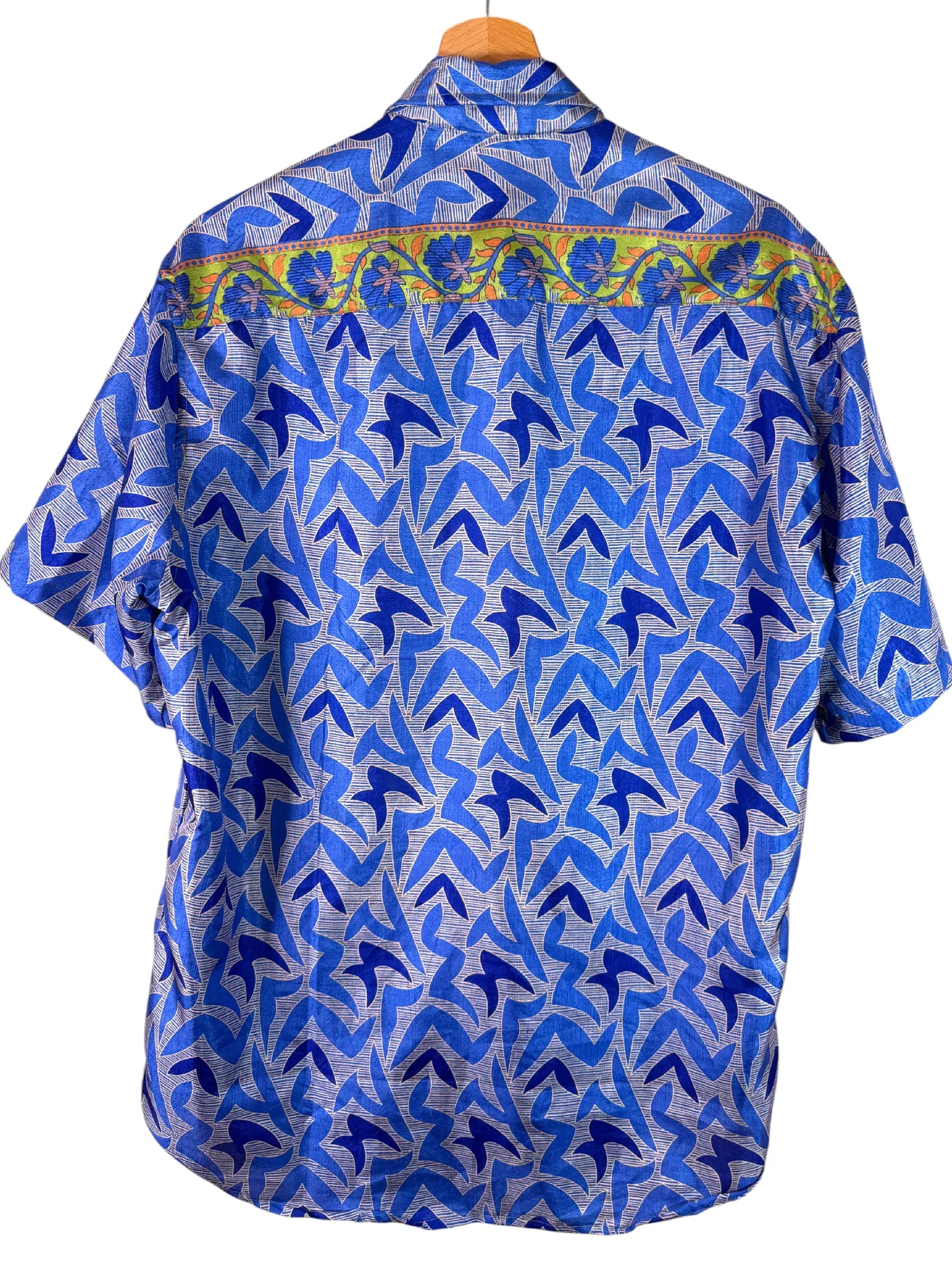 Camicia Sari Frecce Blu Cobalto con Fascia Floreale Verde Unisex - Taglia XL
