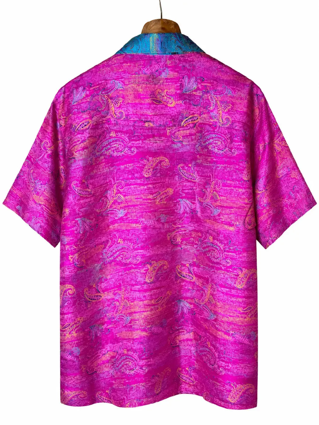 Camicia Etnica in Seta Sari Vintage Paisley Fucsia Turchese - Taglia S