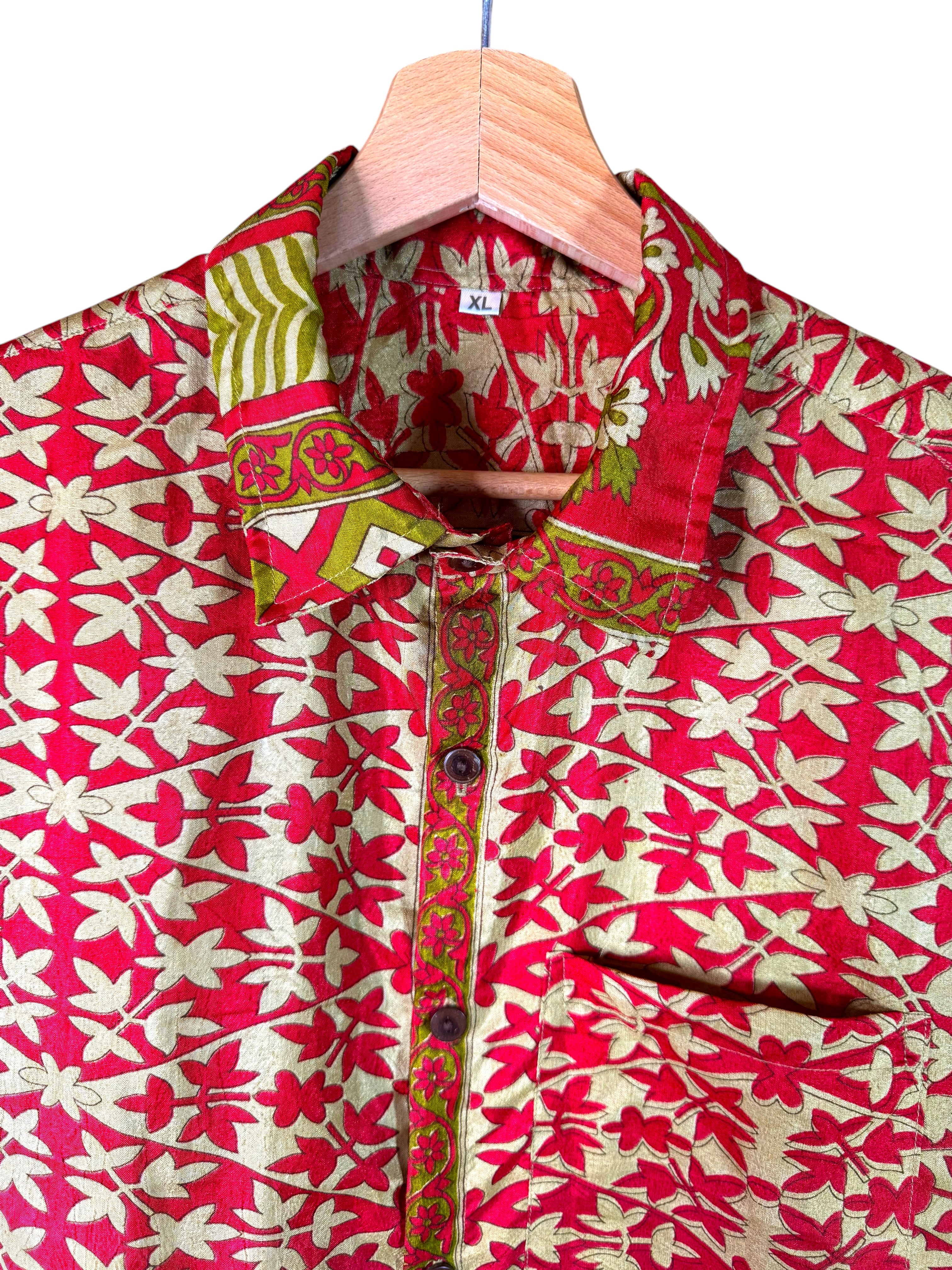 Camicia Sari Fiori Rosso e Oro con Fascia Verde Unisex - Taglia XL