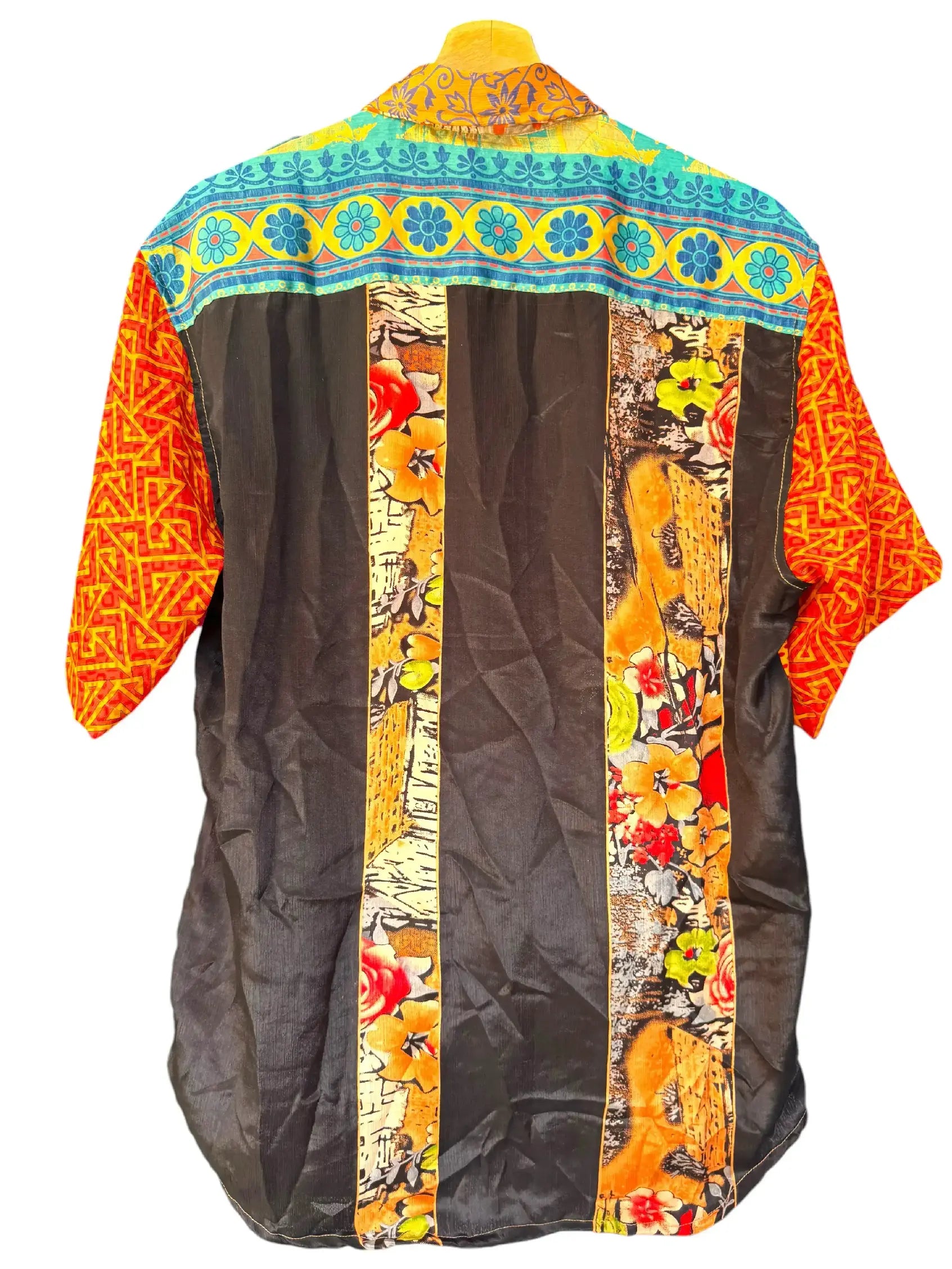 Camicia Etnica Arancio Viola - Patchwork Boho Sari - Taglia XL