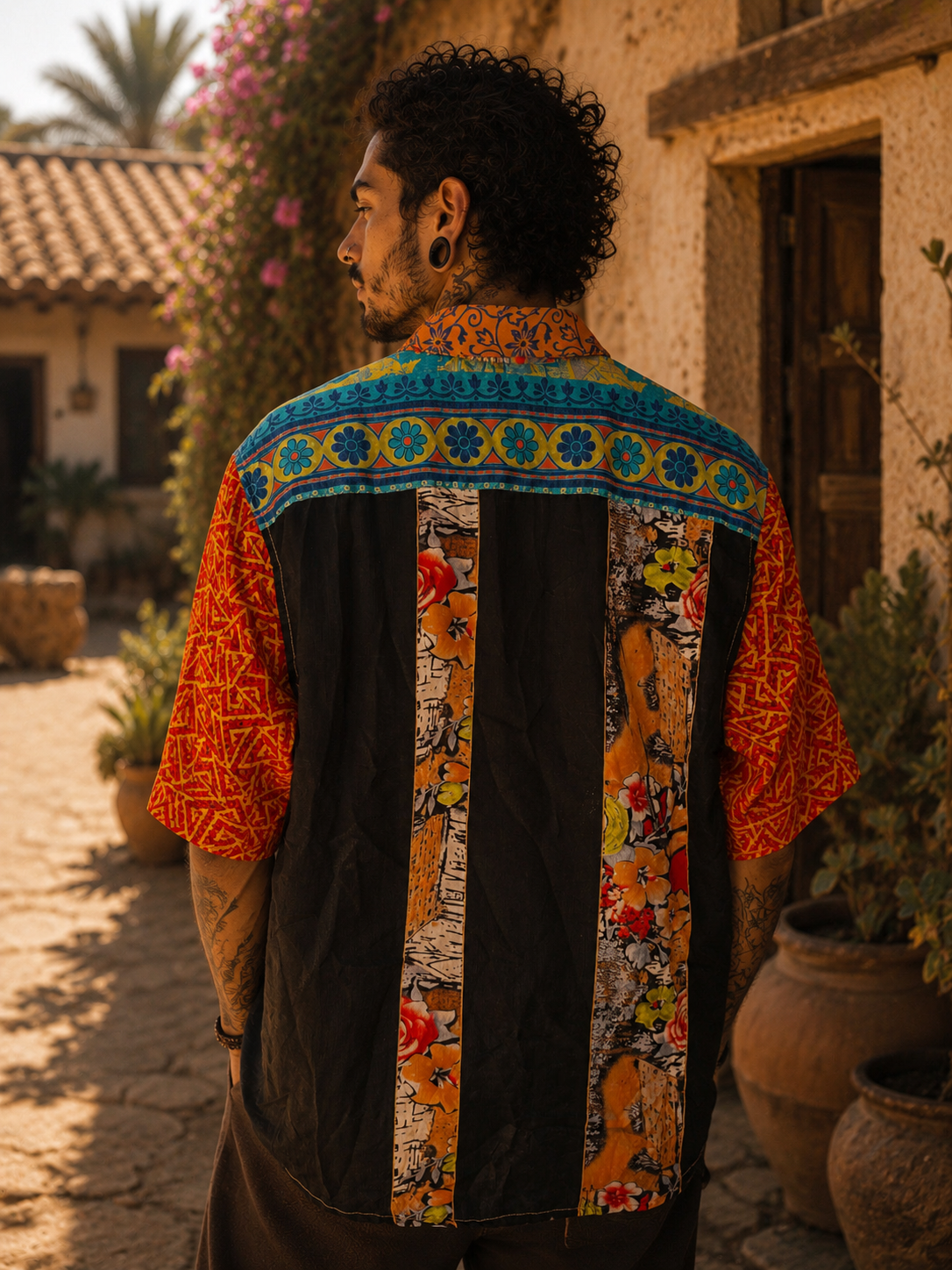 Camicia Etnica Arancio Viola - Patchwork Boho Sari - Taglia XL