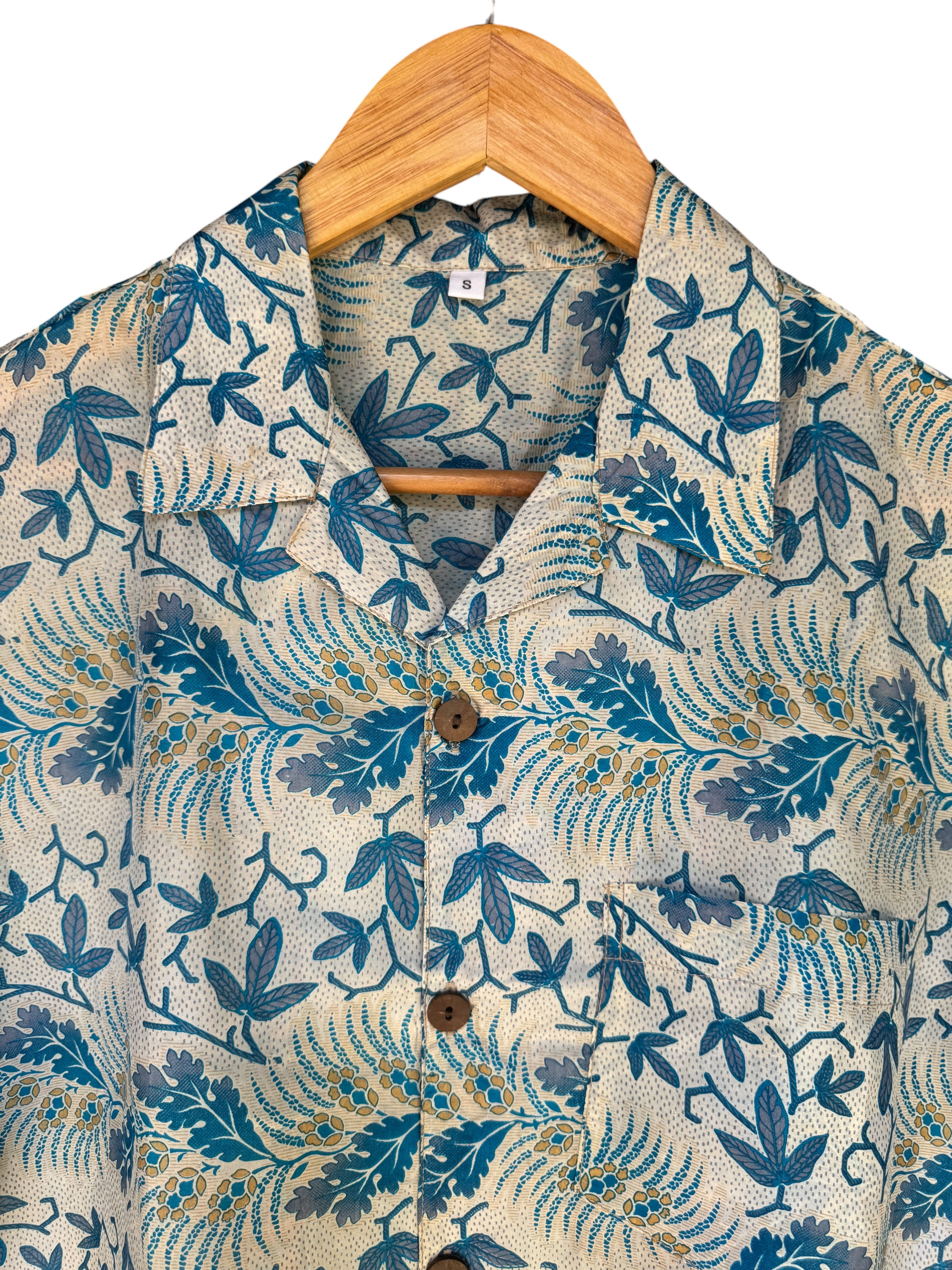 Camicia in Seta Sari Botanica Avorio Blu Foglie Unisex - Taglia S