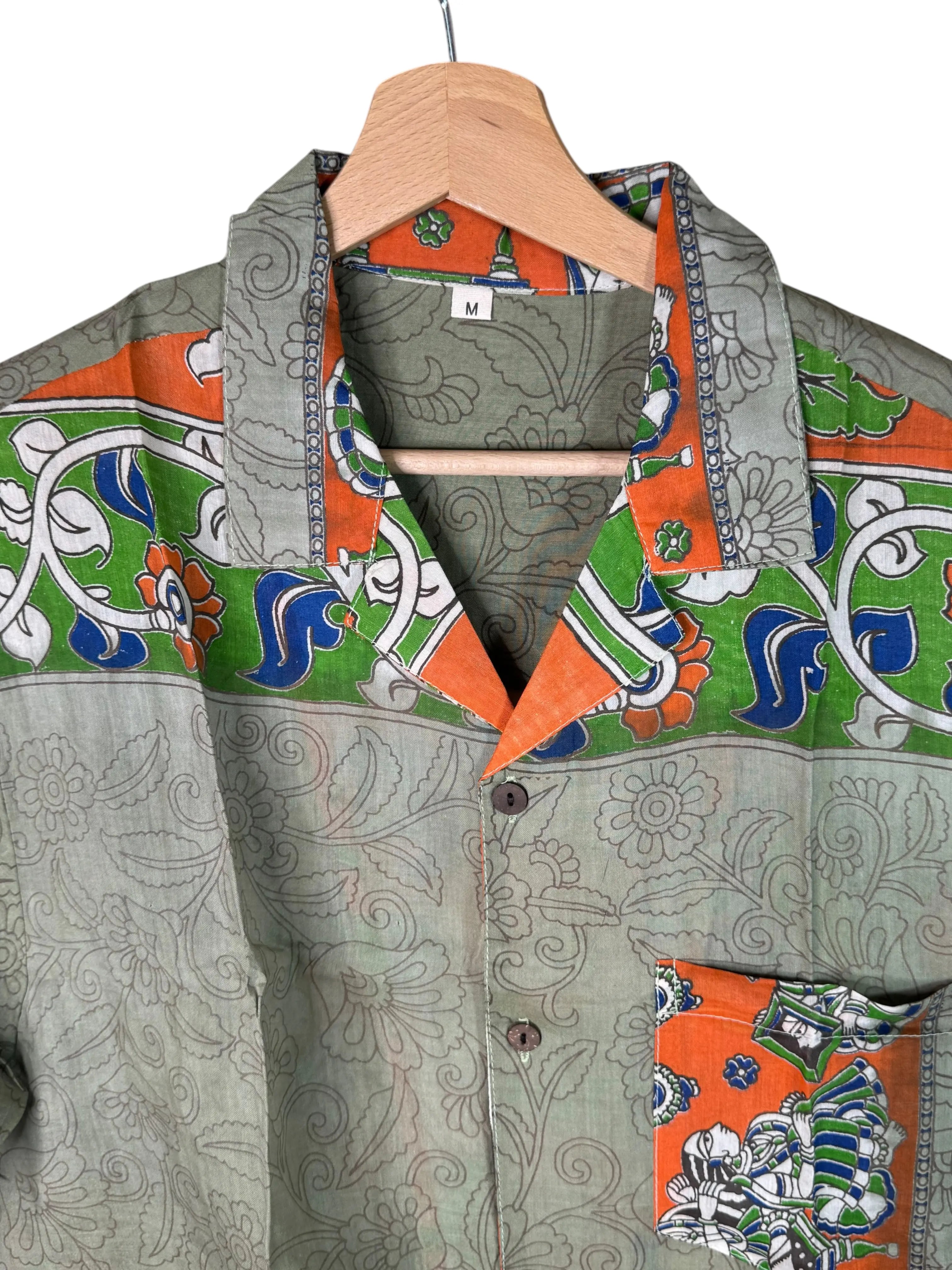 Camicia Sari Block Print Verde Salvia Pavone Unisex - Taglia M CAMICIE PARTICOLARI