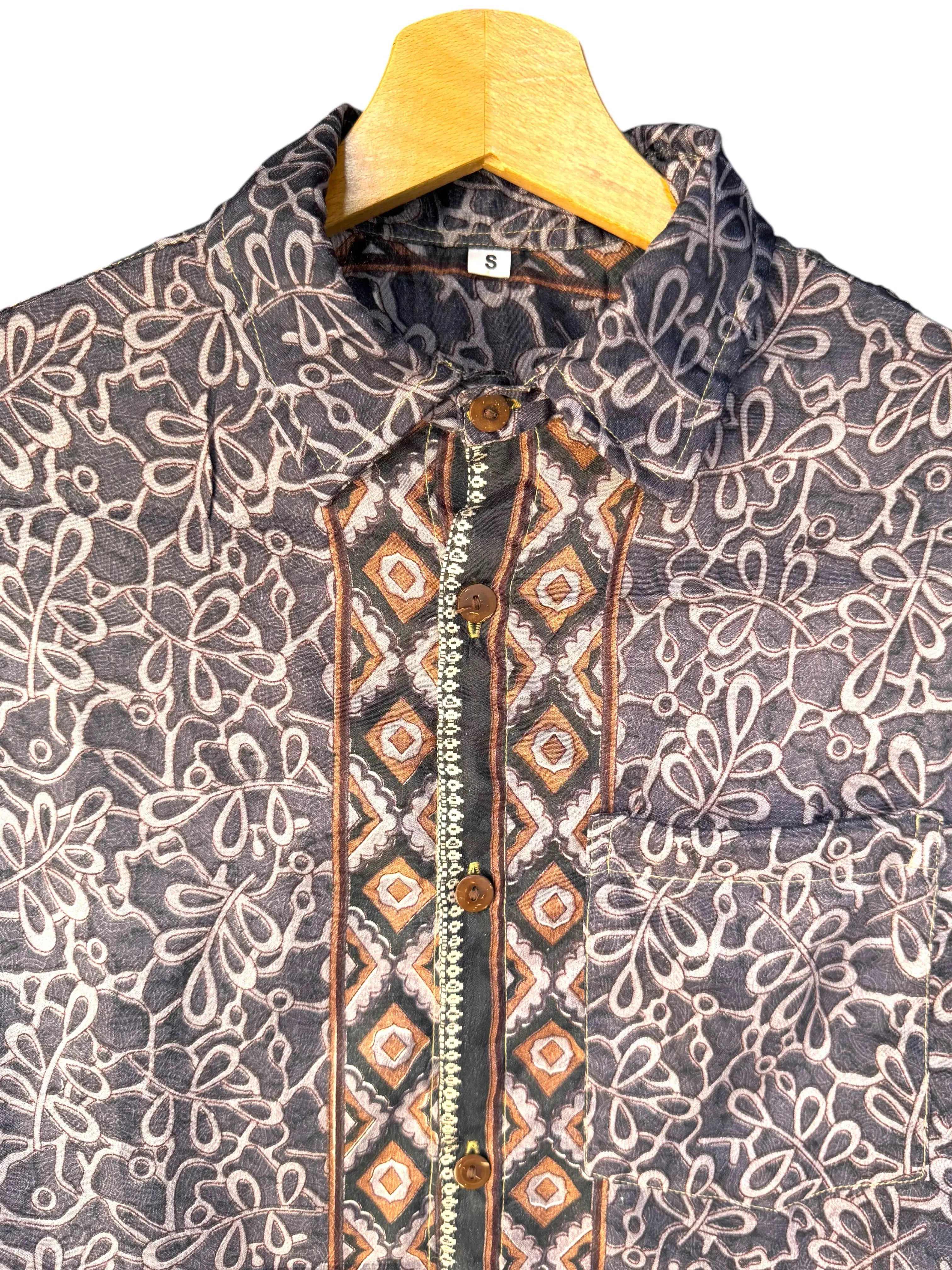 Camicia Etnica Grigia Fantasia Geometrica Vintage - Taglia S