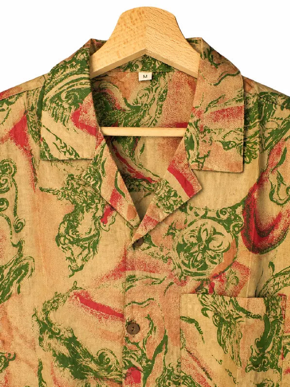 Camicia in Seta Sari Astratto Barocco Ocra e Verde Unisex - Taglia M