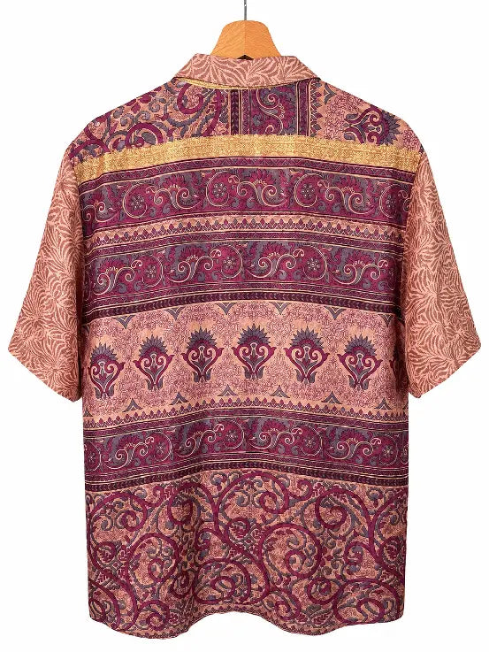 Camicia in Seta Sari Paisley Bordure Terracotta e Bordeaux - Taglia S