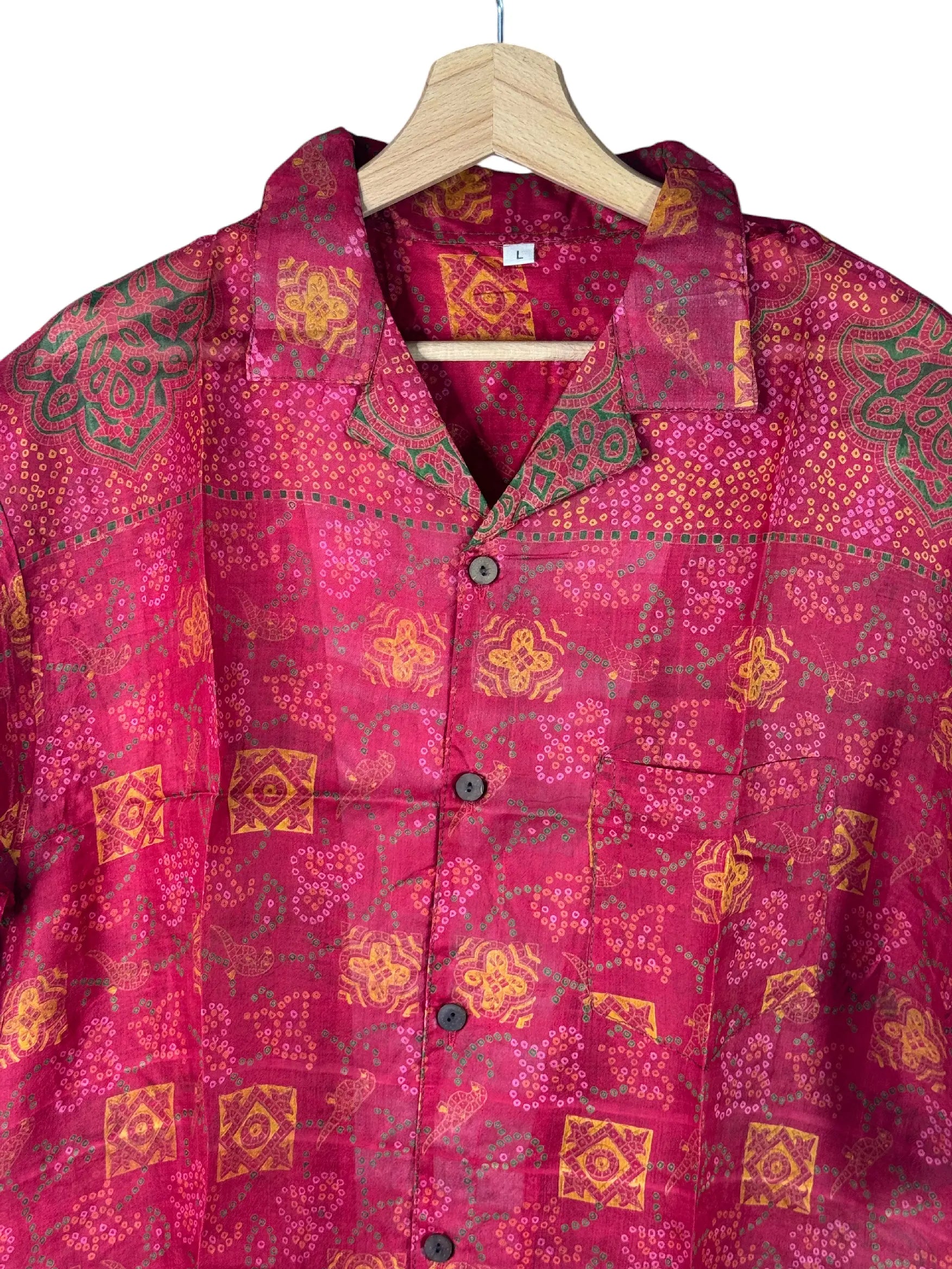 Camicia in Seta Sari Bandhani Rosso e Verde Unisex - Taglia L