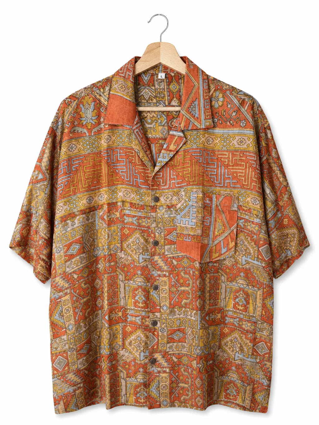 Camicia Etnica in Seta Sari Vintage Kilim Arancio Bruciato - Taglia L