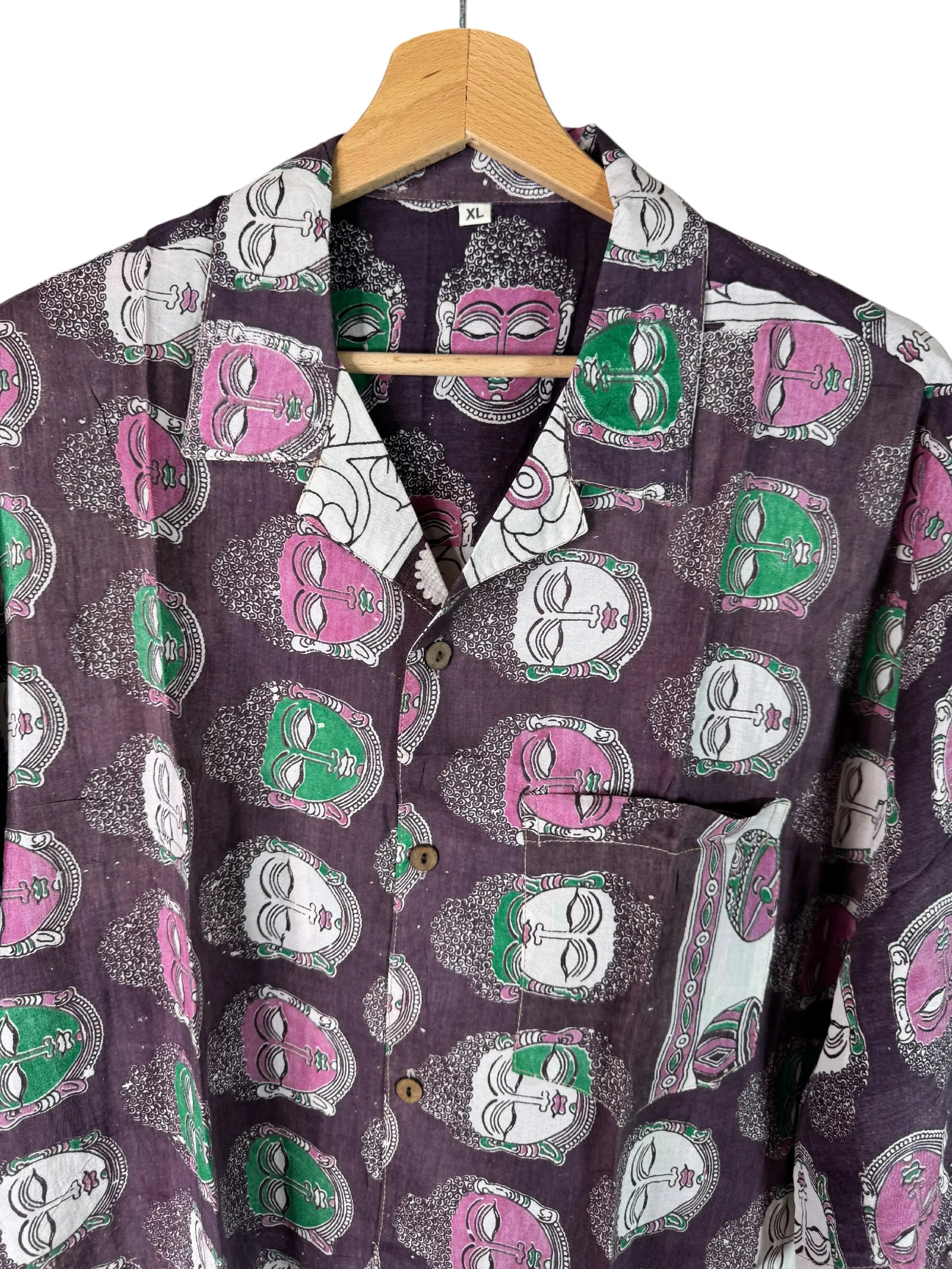 Camicia Kalamkari Block Print Volti Divini e Uccelli Unisex - Taglia XL CAMICIE PARTICOLARI