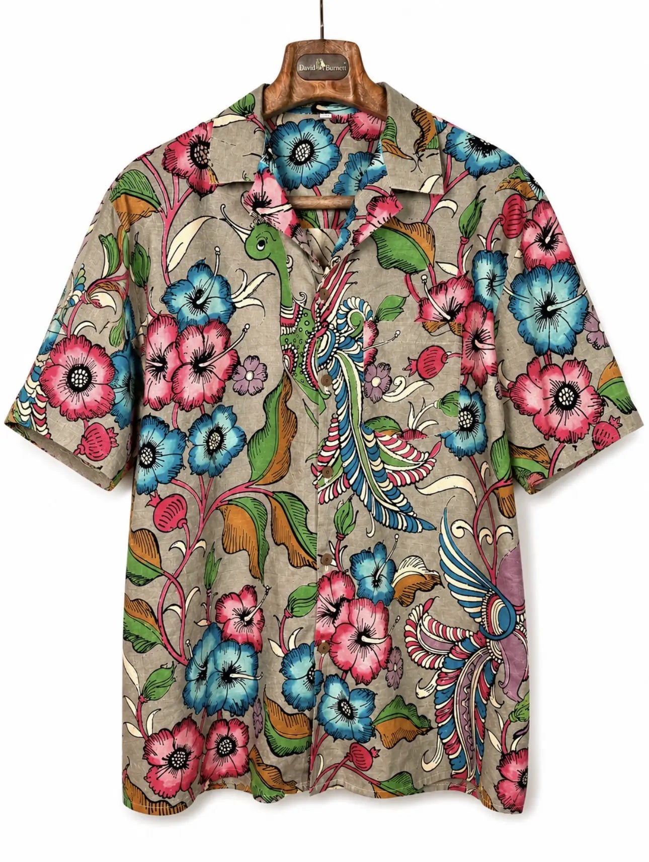 Camicia Etnica Seta Tussar Kalamkari Fiori e Fenice - Tg L