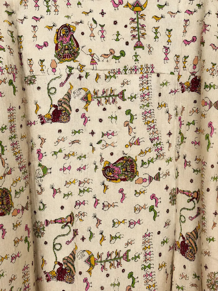 Camicia in Seta Sari Folk Narrativo Avorio e Fucsia Unisex - Taglia XL