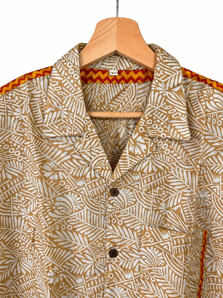 Camicia in Seta Sari Botanico Sabbia e Arancio Unisex - Taglia L