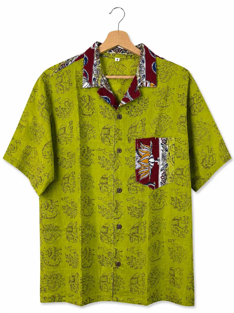 Camicia Unisex Kalamkari Verde Lime con Elefanti - Taglia S CAMICIE PARTICOLARI