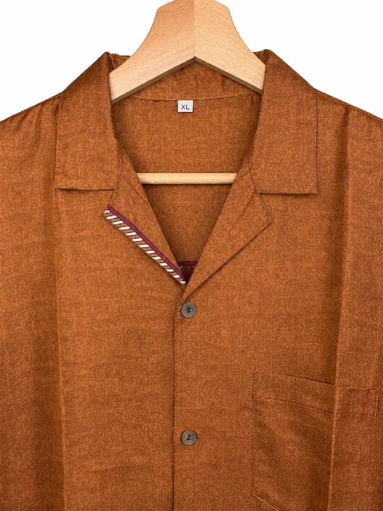 Camicia in Seta Sari Tono su Tono Rame e Bordura Floreale - Taglia XL