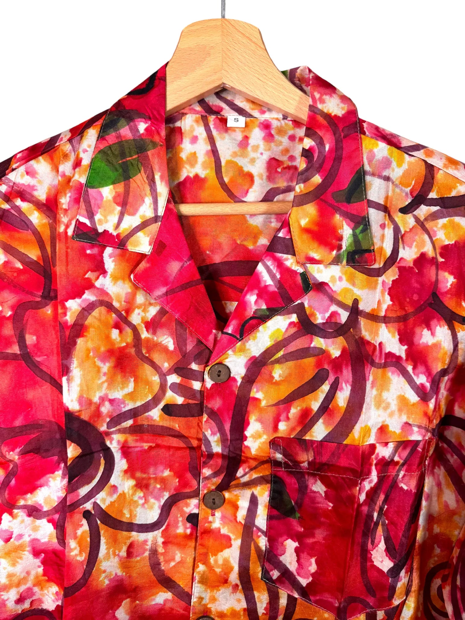Camicia in Seta Sari Floreale Pittorico Rosso e Arancio - Taglia S