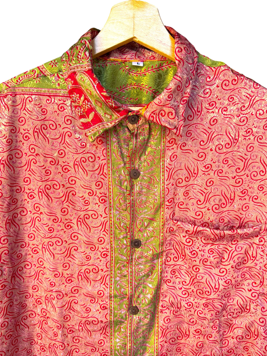Camicia Etnica Arancio Rosso - Arabesco Cangiante Boho Sari - Taglia L CAMICIE PARTICOLARI