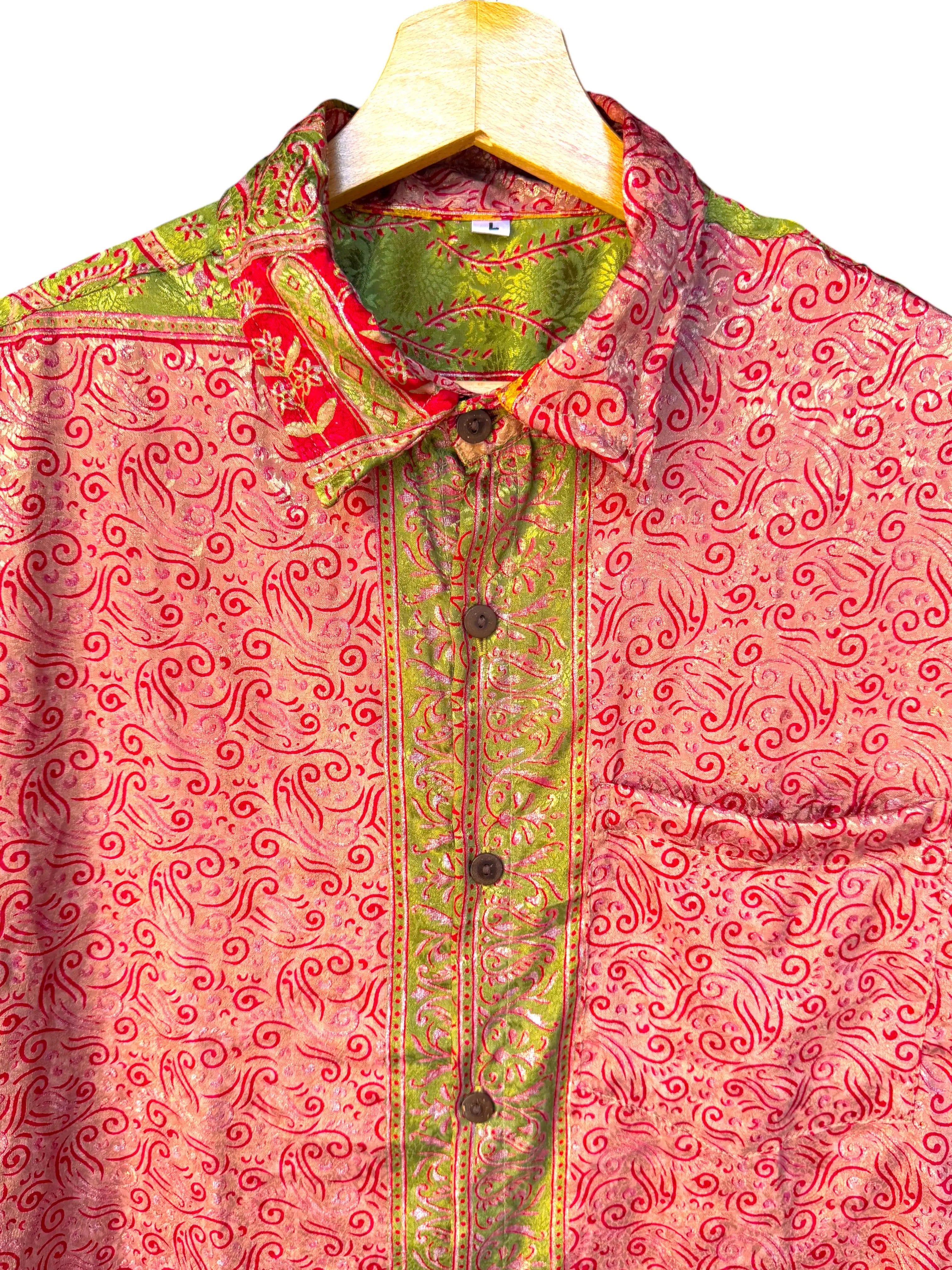 Camicia Etnica Arancio Rosso - Arabesco Cangiante Boho Sari - Taglia L