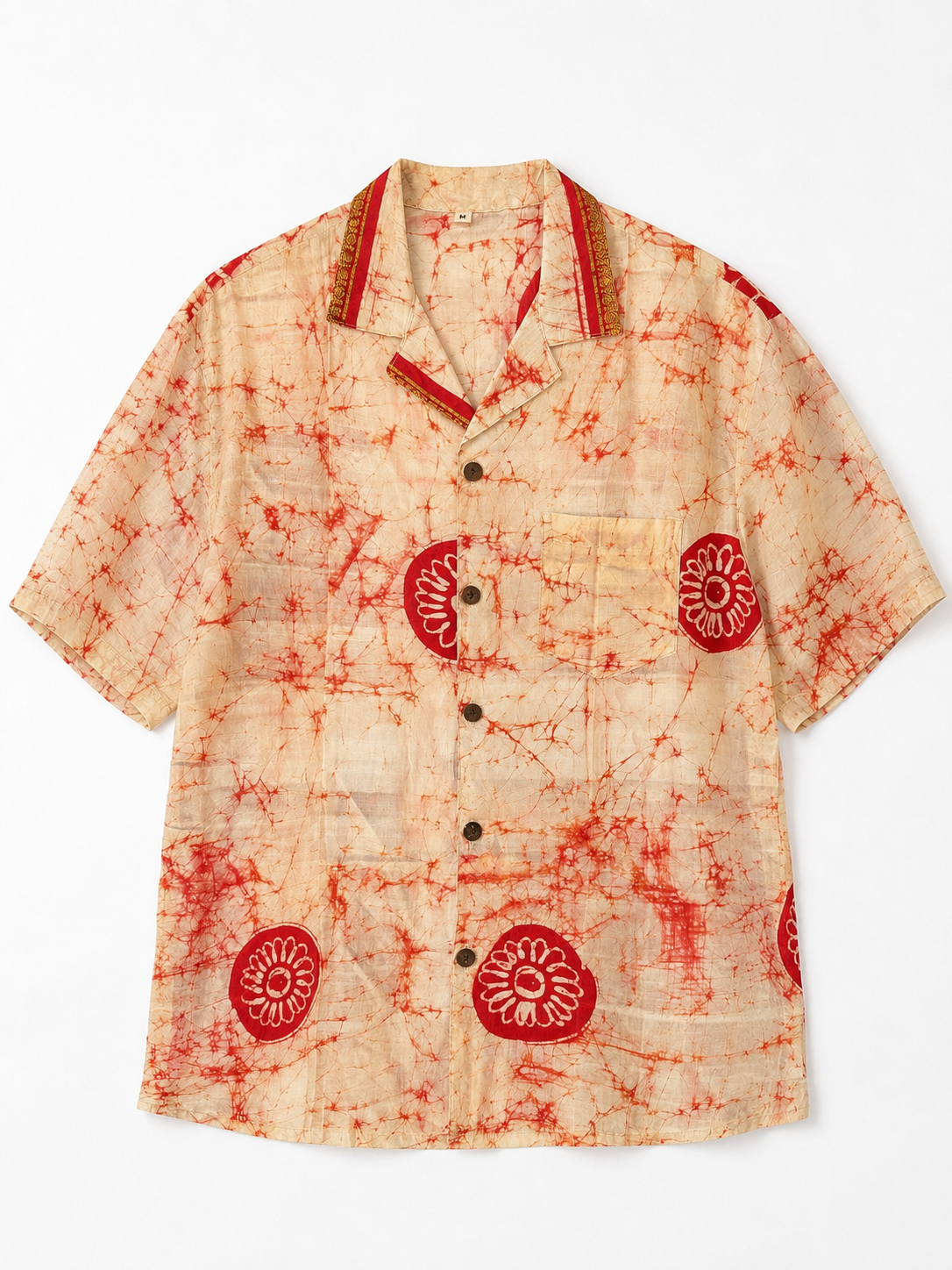 Camicia in Seta Sari Tie-Dye Rosso Avorio Floreale Unisex - Taglia M