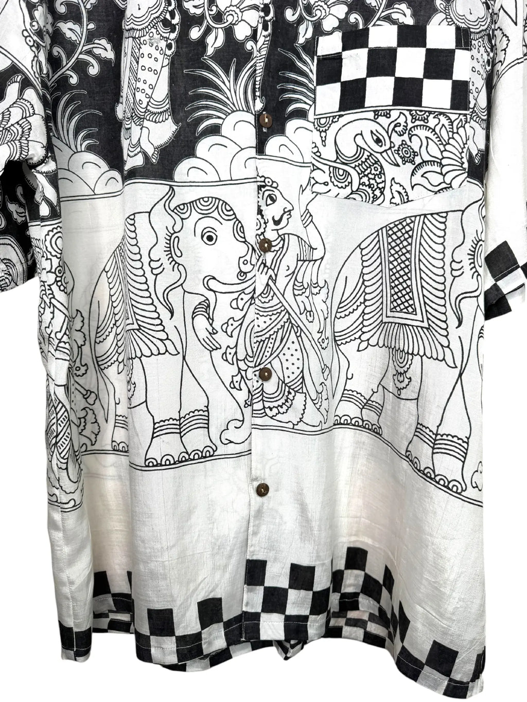 Camicia Etnica Kalamkari Elefanti Cotone Bianco e Nero - L