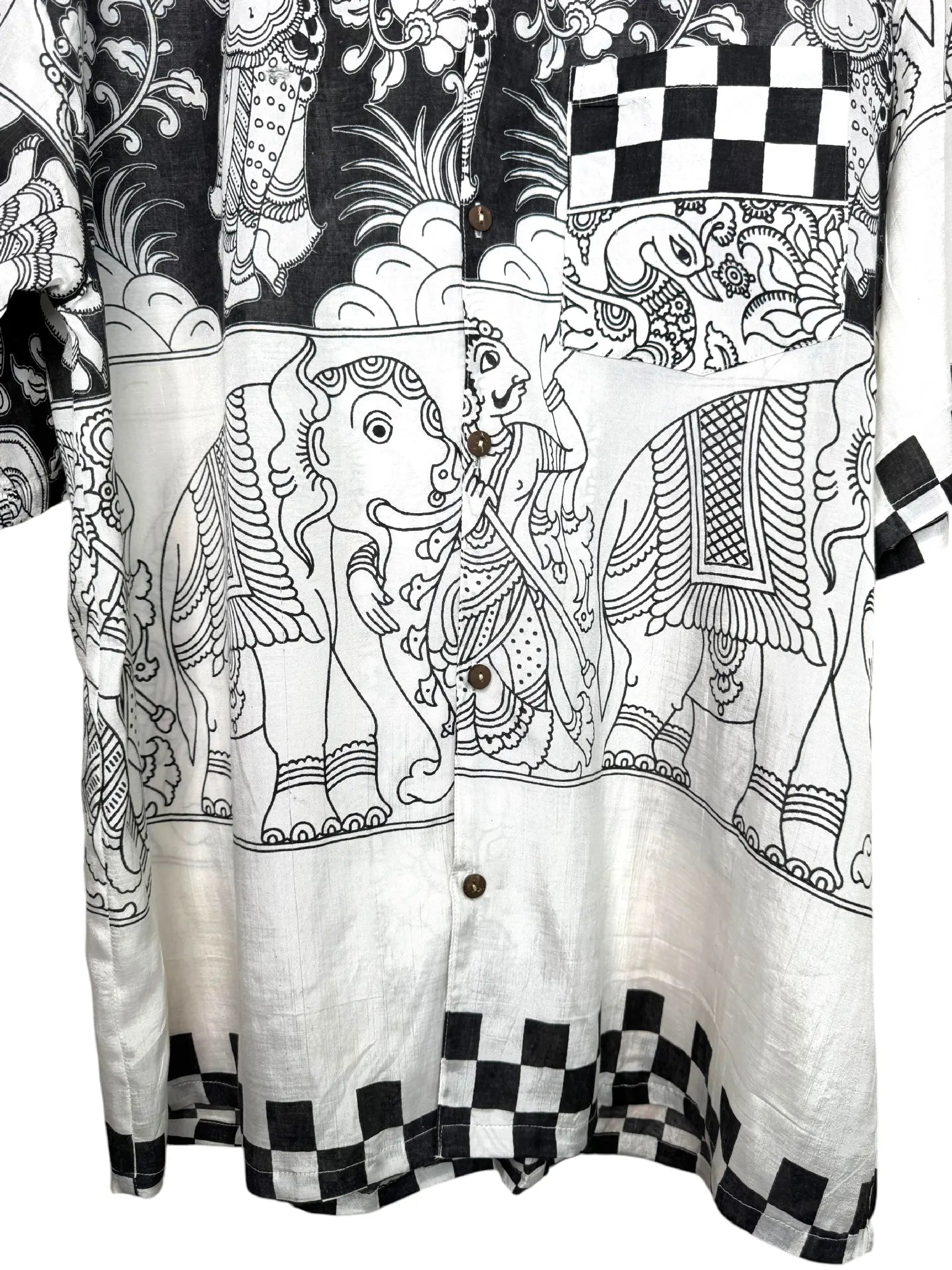 Camicia Etnica Kalamkari Elefanti Cotone Bianco e Nero - L