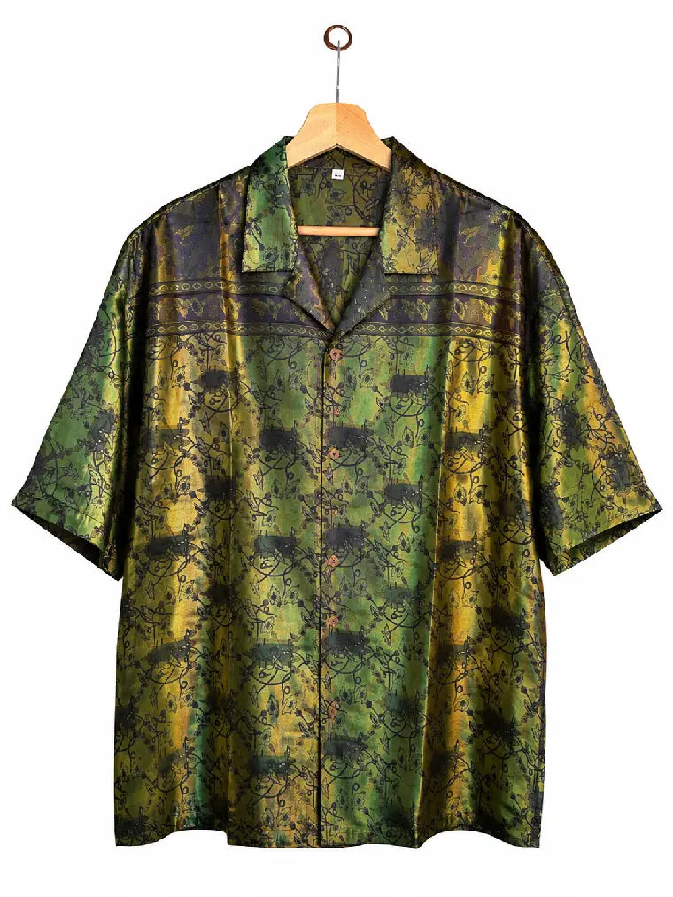 Camicia in Seta Sari Cangiante Verde Oro Floreale Unisex - Taglia XL