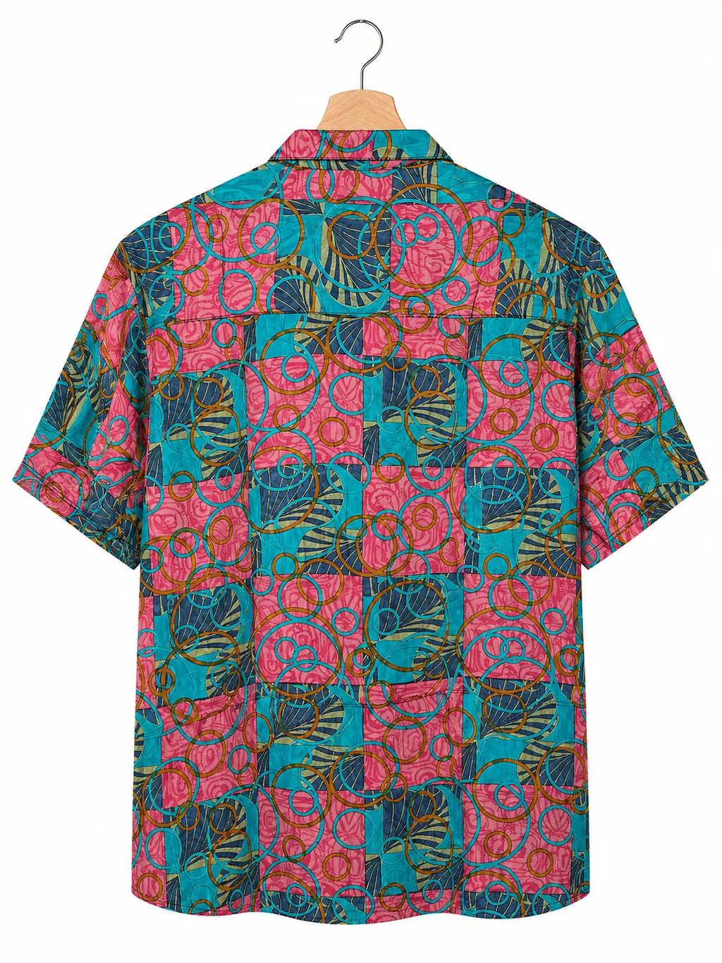 Camicia in Seta Sari Astratta Turchese e Rosa Unisex - Taglia S