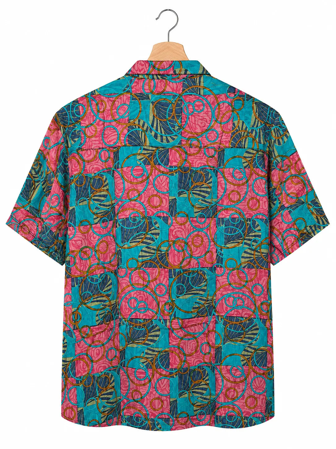Camicia in Seta Sari Astratta Turchese e Rosa Unisex - Taglia S