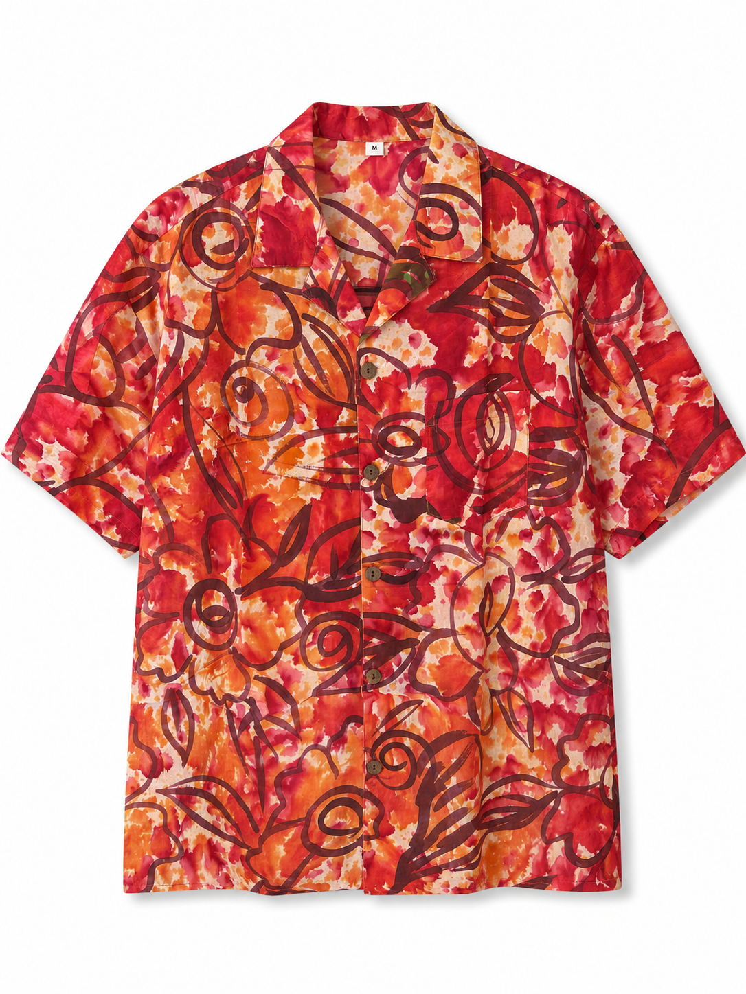 Camicia in Seta Sari Floreale Rosso Rose Dipinte Unisex - Taglia M