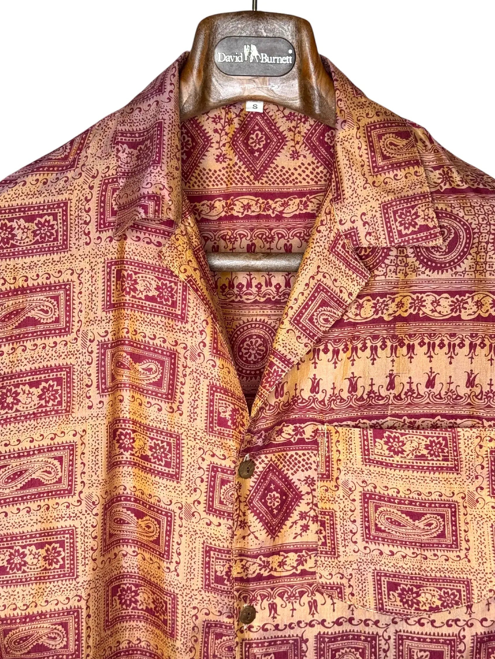 Camicia Etnica in Seta Sari Vintage Paisley Ocra Bordeaux - Taglia S