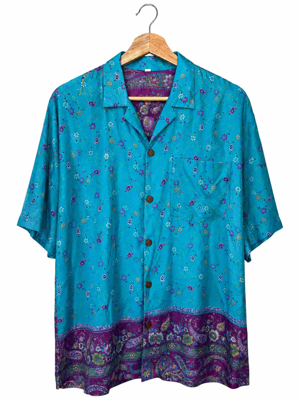 Camicia Etnica in Seta Sari Fiori Turchese Fucsia - Tg S