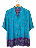 Camicia Etnica in Seta Sari Fiori Turchese Fucsia - Tg S