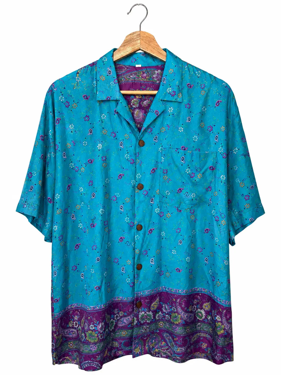 Camicia Etnica in Seta Sari Fiori Turchese Fucsia - Tg S