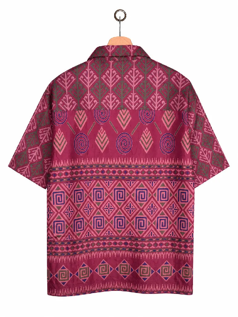 Camicia in Seta Sari Tribale Geometrico Bordeaux Rosa Unisex - Taglia L
