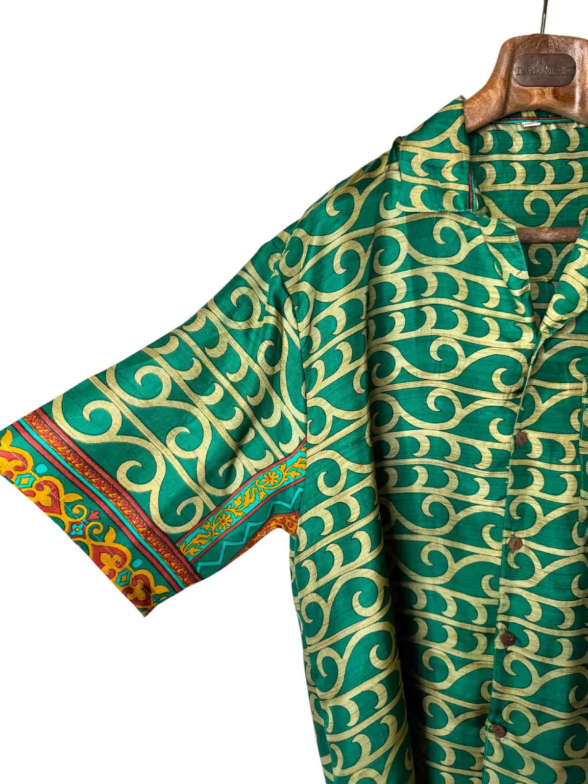 Camicia Etnica in Seta Sari Vintage Onde Verde Smeraldo - Taglia M