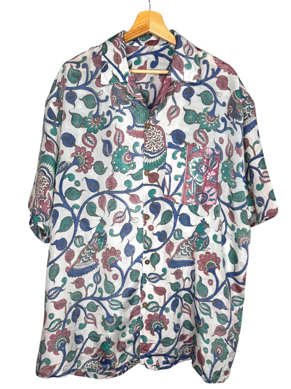 Camicia Etnica Kalamkari Pavoni Cotone Bianco - Taglia L