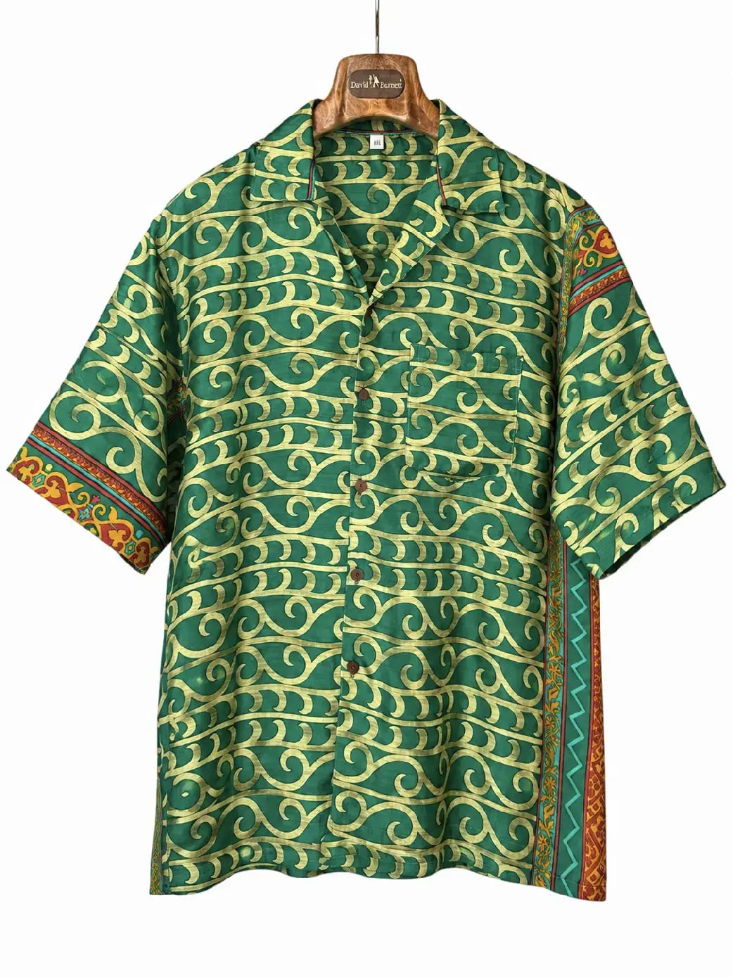 Camicia Etnica in Seta Sari Vintage Onde Verde Smeraldo - Taglia M