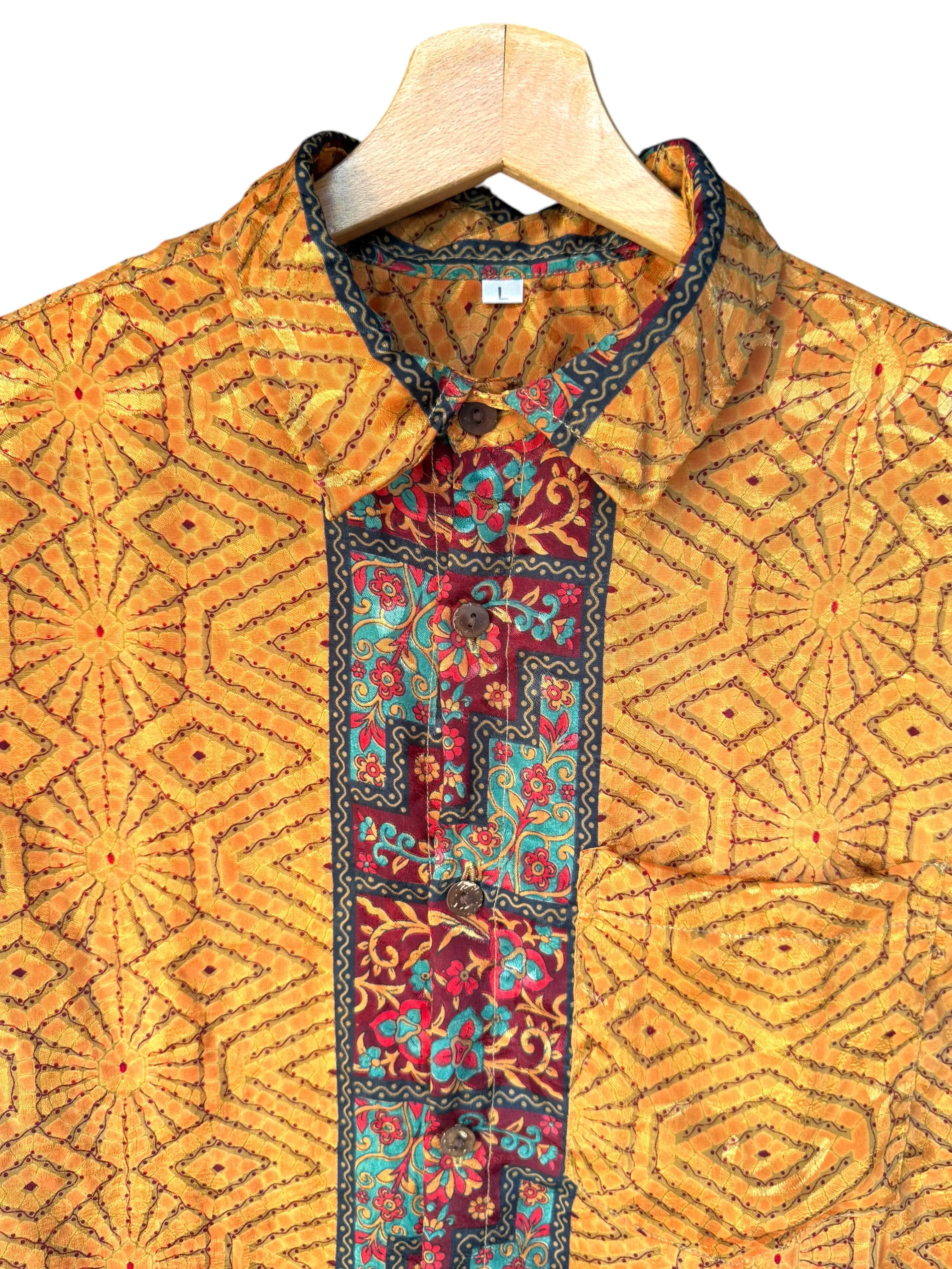 Camicia Etnica Arancio Oro - Bandhani Floreale Boho Sari - Taglia L