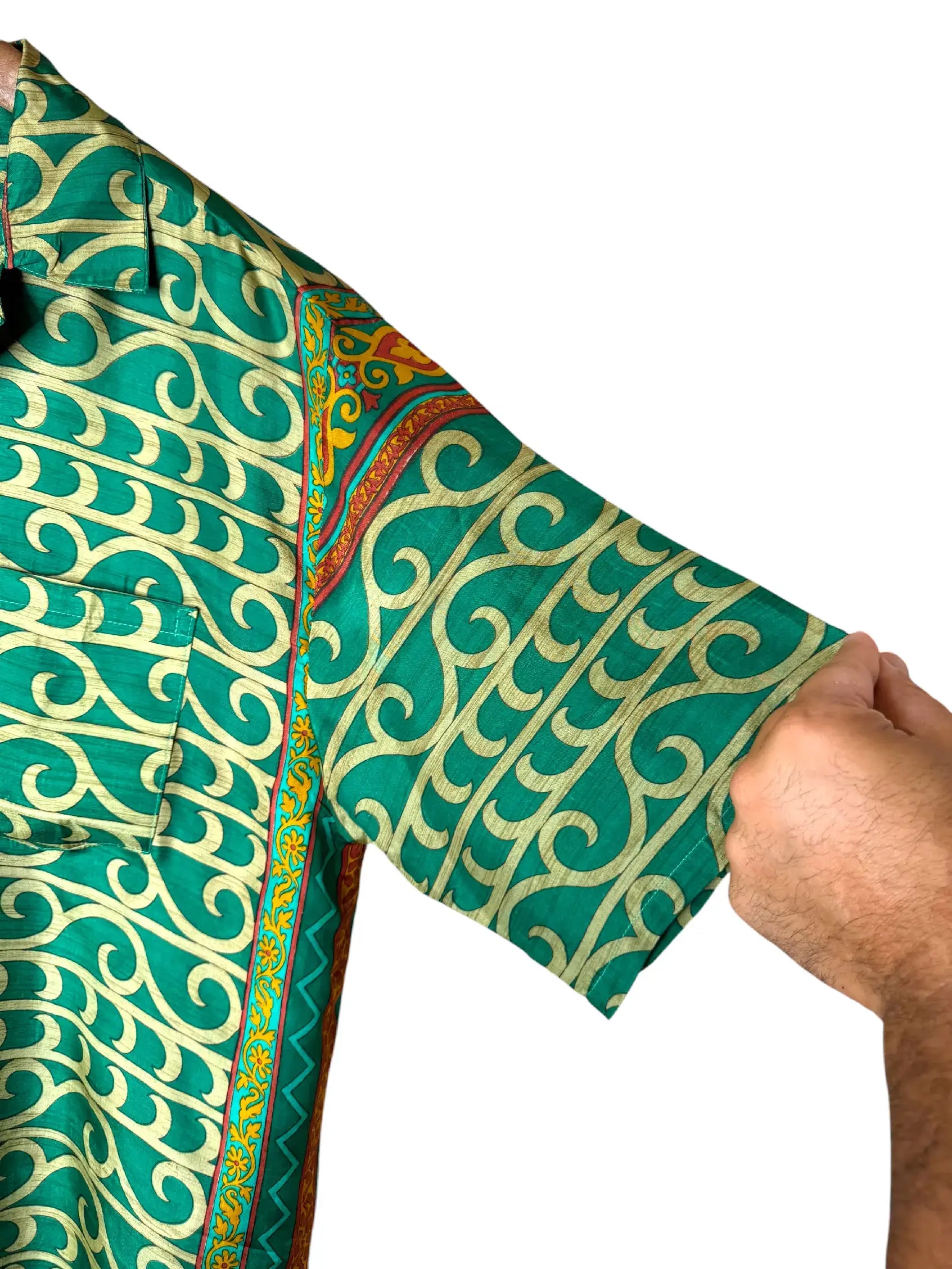 Camicia Etnica in Seta Sari Vintage Onde Verde Smeraldo - Taglia M