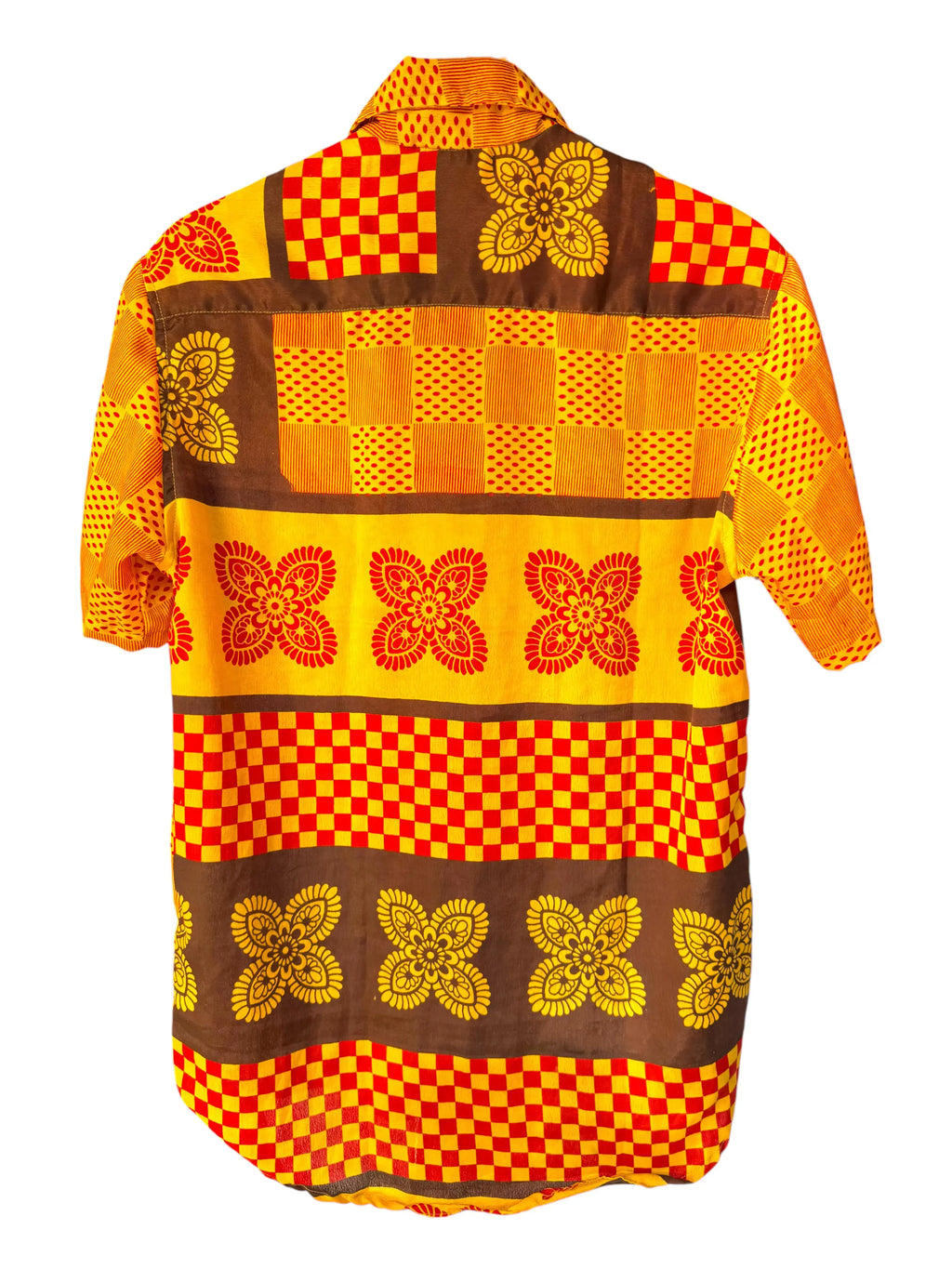 Camicia Etnica Geometrica Gialla e Rossa Sari Upcycled - Taglia M