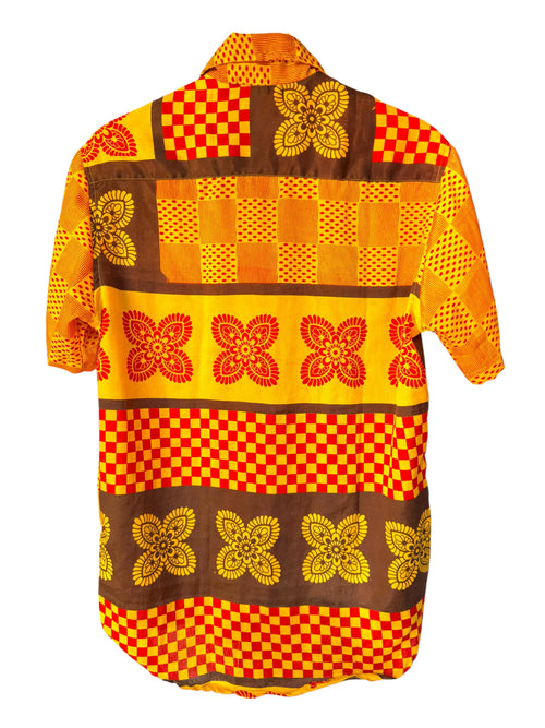 Camicia Etnica Geometrica Gialla e Rossa Sari Upcycled - Taglia M