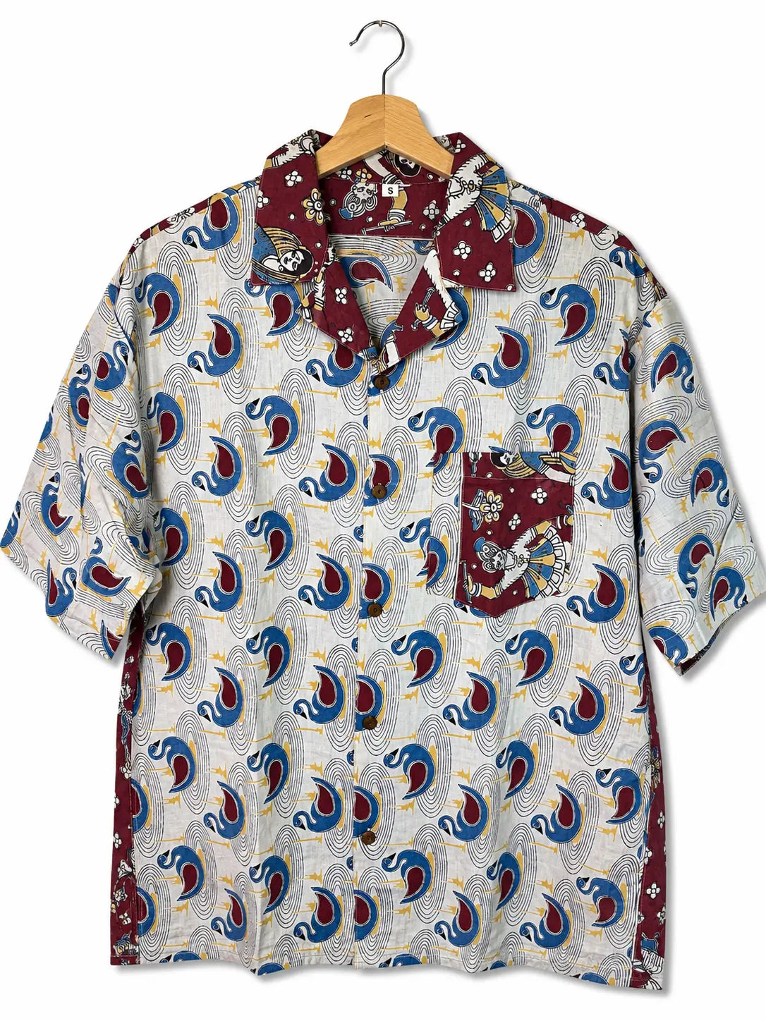 Camicia Etnica Sari Block Print Cigni Avorio e Bordeaux - Taglia S CAMICIE PARTICOLARI