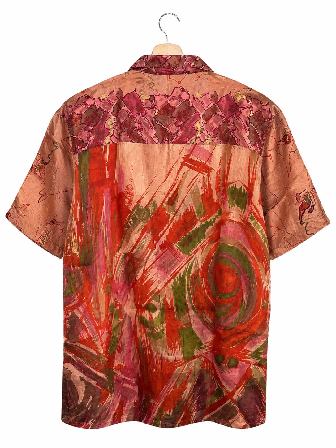 Camicia in Seta Sari Salmone Fiamme e Retro Espressionista - Taglia XL