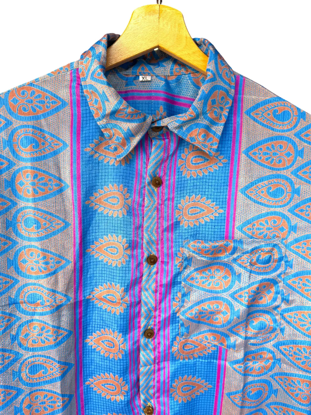 Camicia Etnica Azzurra Arancio Paisley Boho Sari Festival - Taglia XL