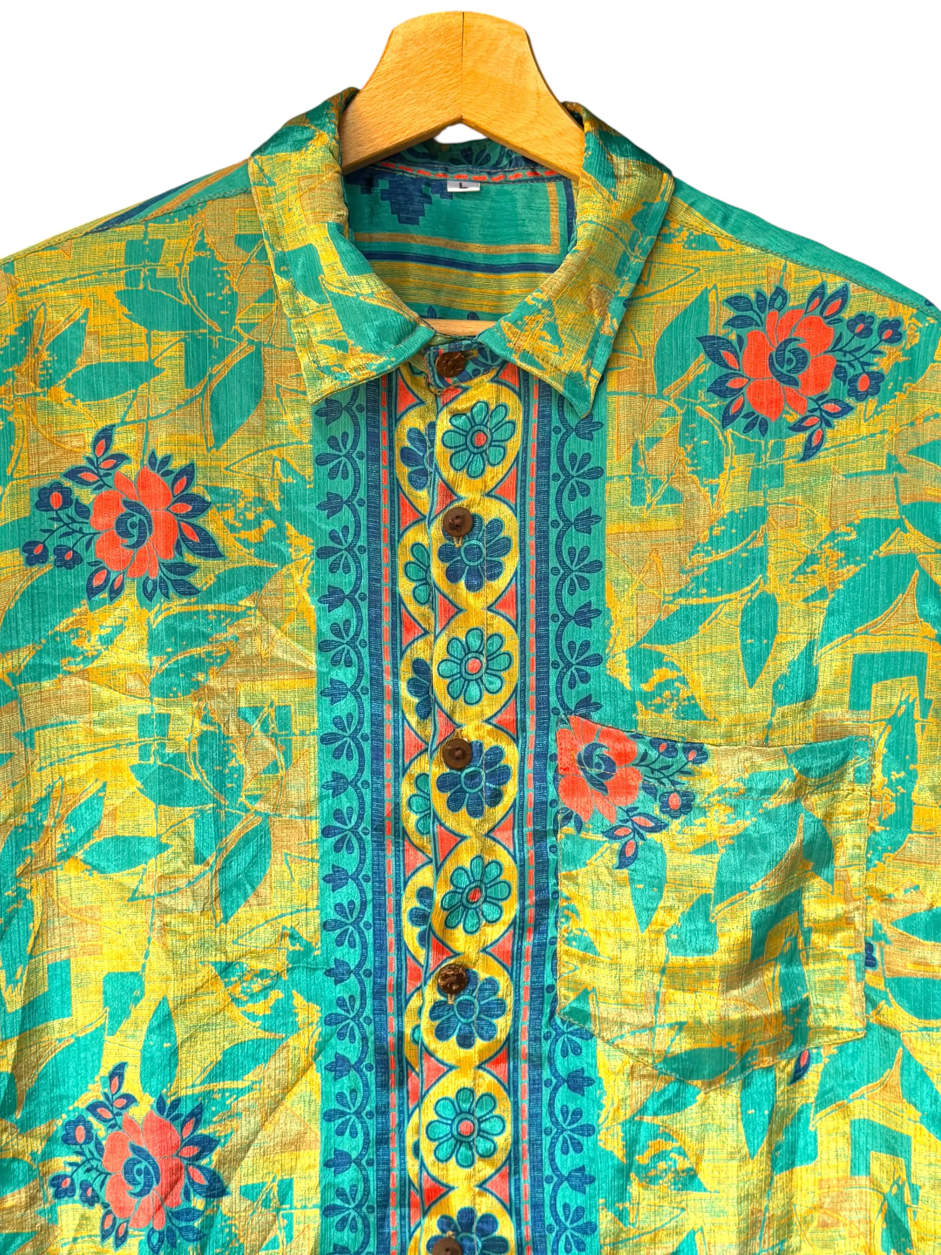 Camicia Etnica Gialla Teal - Floreale Tropicale Boho Sari - Taglia L